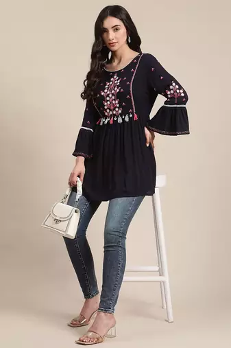 Blue Floral Embroidered Cinched Waist Longline Top