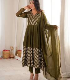 Mehendi green heavy embroidered anarkali suit set with pant and dupatta