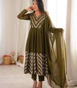 Mehendi green heavy embroidered anarkali suit set with pant and dupatta
