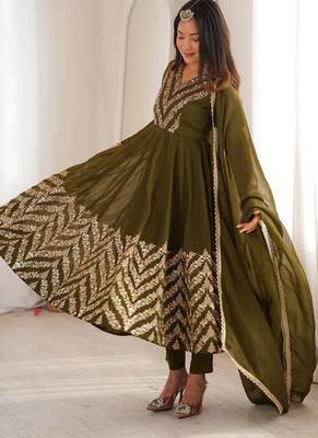 Mehendi green heavy embroidered anarkali suit set with pant and dupatta 2