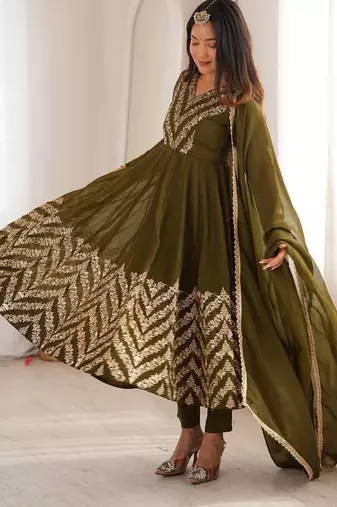 Mehendi green heavy embroidered anarkali suit set with pant and dupatta