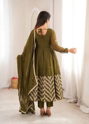 Mehendi green heavy embroidered anarkali suit set with pant and dupatta 3