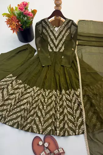 Mehendi green heavy embroidered anarkali suit set with pant and dupatta