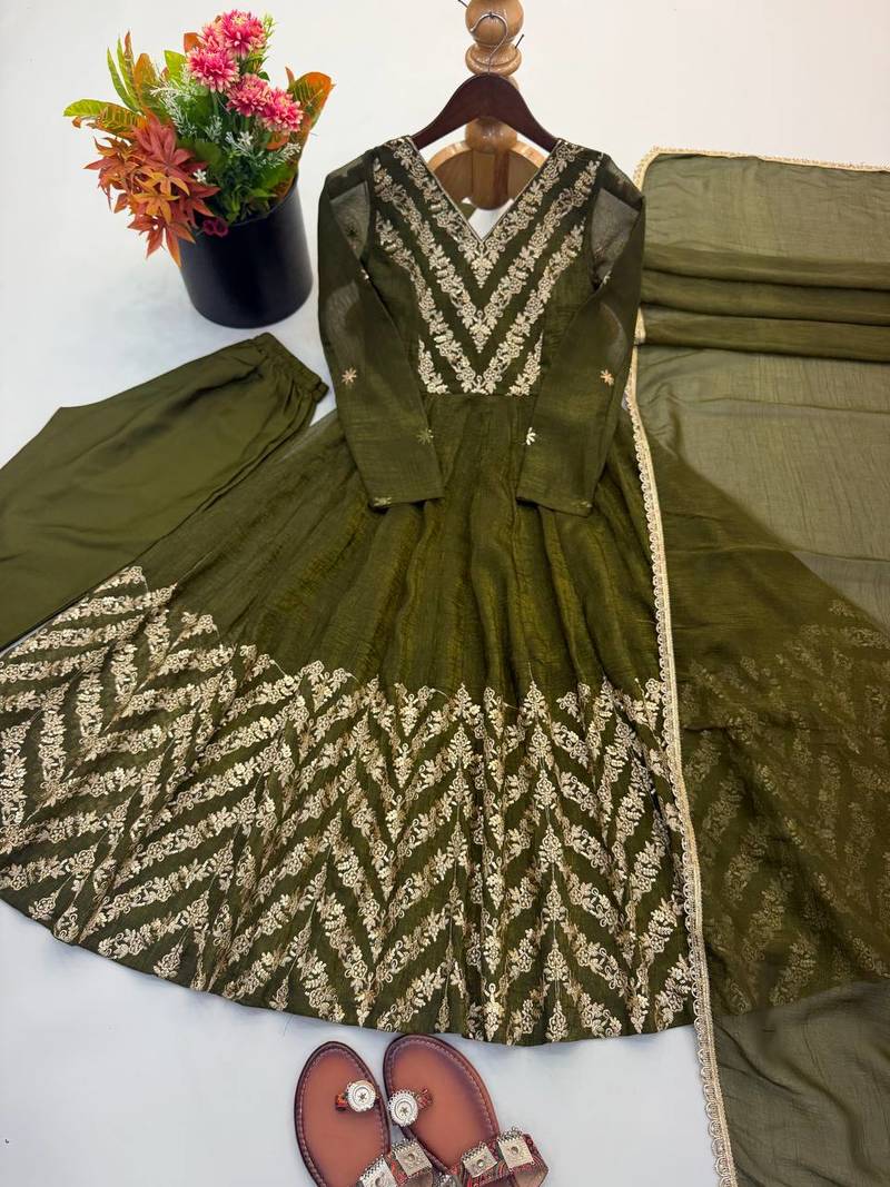 Mehendi green heavy embroidered anarkali suit set with pant and dupatta