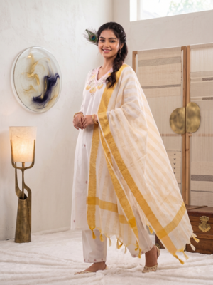 White floral embroidered cotton kurti pant set with yellow border dupatta 1