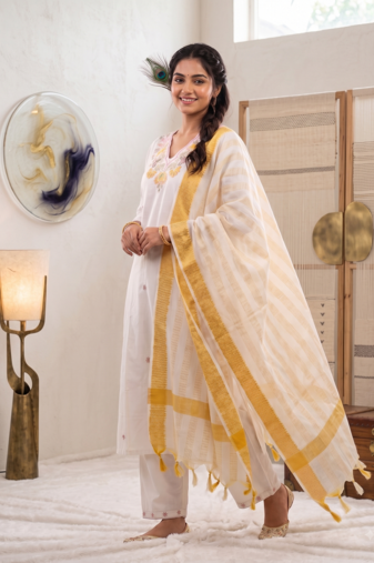 White floral embroidered cotton kurti pant set with yellow border dupatta
