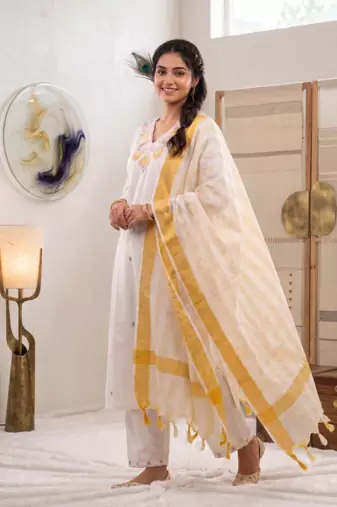 White floral embroidered cotton kurti pant set with yellow border dupatta