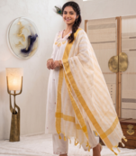 White floral embroidered cotton kurti pant set with yellow border dupatta
