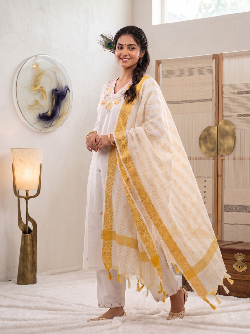 White floral embroidered cotton kurti pant set with yellow border dupatta