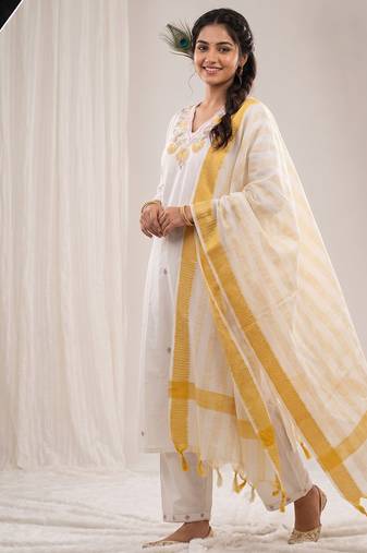 White floral embroidered cotton kurti pant set with yellow border dupatta