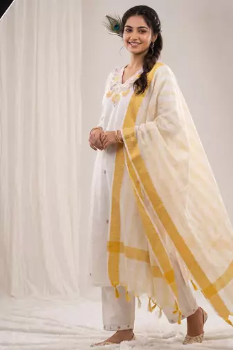 White floral embroidered cotton kurti pant set with yellow border dupatta