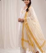 White floral embroidered cotton kurti pant set with yellow border dupatta