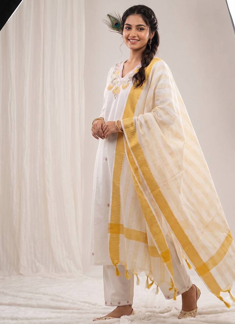 White floral embroidered cotton kurti pant set with yellow border dupatta