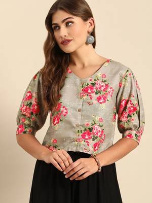 Grey & Pink Floral Printed Puff Sleeves Regular Crop Top 1
