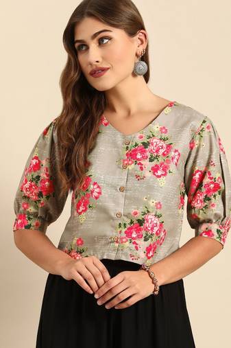 Grey & Pink Floral Printed Puff Sleeves Regular Crop Top