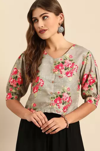 Grey & Pink Floral Printed Puff Sleeves Regular Crop Top