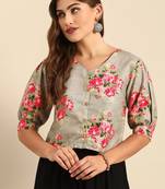 Grey & Pink Floral Printed Puff Sleeves Regular Crop Top