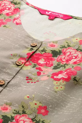 Grey & Pink Floral Printed Puff Sleeves Regular Crop Top