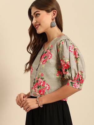 Grey & Pink Floral Printed Puff Sleeves Regular Crop Top 3