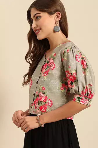 Grey & Pink Floral Printed Puff Sleeves Regular Crop Top
