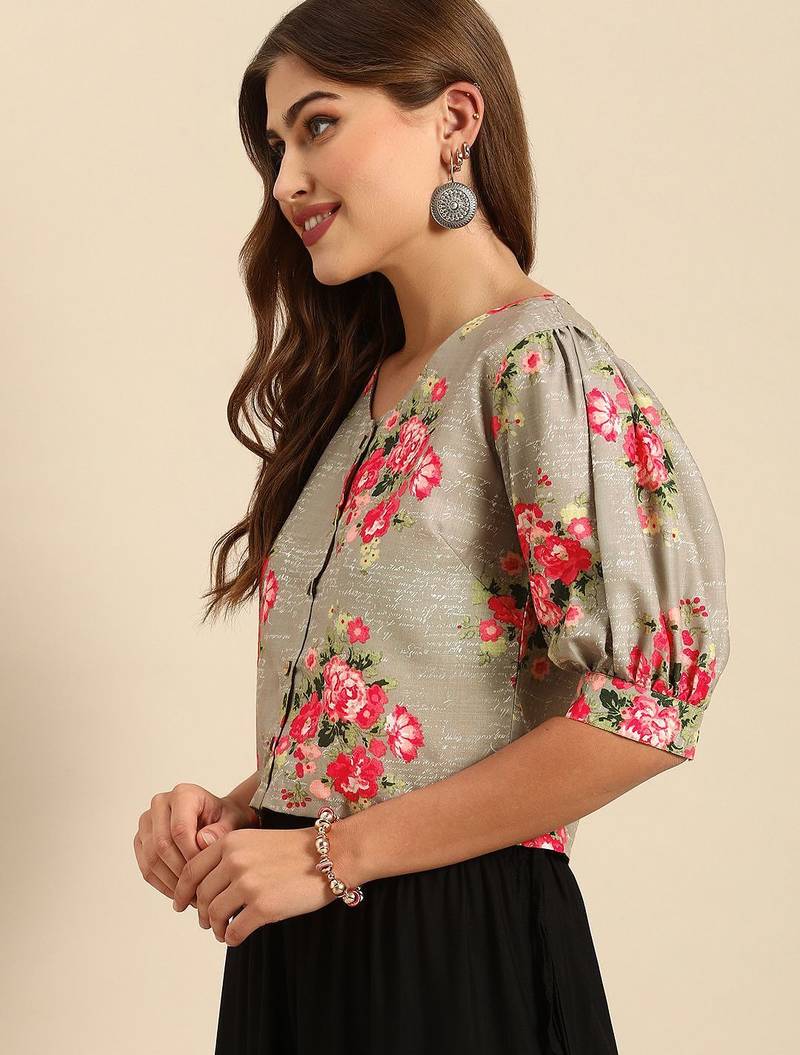 Grey & Pink Floral Printed Puff Sleeves Regular Crop Top