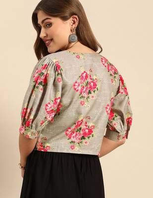 Grey & Pink Floral Printed Puff Sleeves Regular Crop Top 4