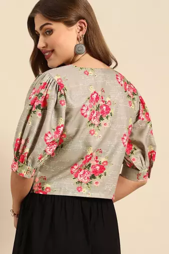 Grey & Pink Floral Printed Puff Sleeves Regular Crop Top