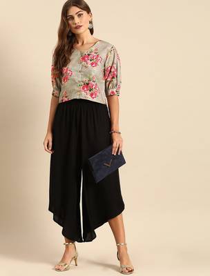 Grey & Pink Floral Printed Puff Sleeves Regular Crop Top 5