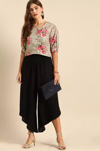 Grey & Pink Floral Printed Puff Sleeves Regular Crop Top