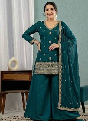 Teal blue embroidery roman silk full stitched sarara plazo 1