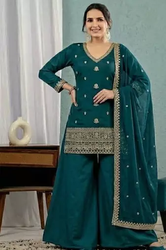 Teal blue embroidery roman silk full stitched sarara plazo