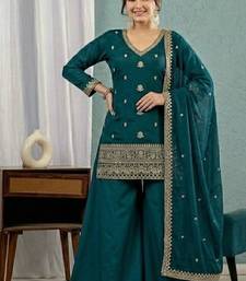 Teal blue embroidery roman silk full stitched sarara plazo
