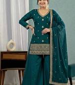 Teal blue embroidery roman silk full stitched sarara plazo
