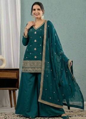 Teal blue embroidery roman silk full stitched sarara plazo 2