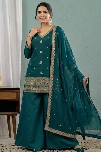 Teal blue embroidery roman silk full stitched sarara plazo