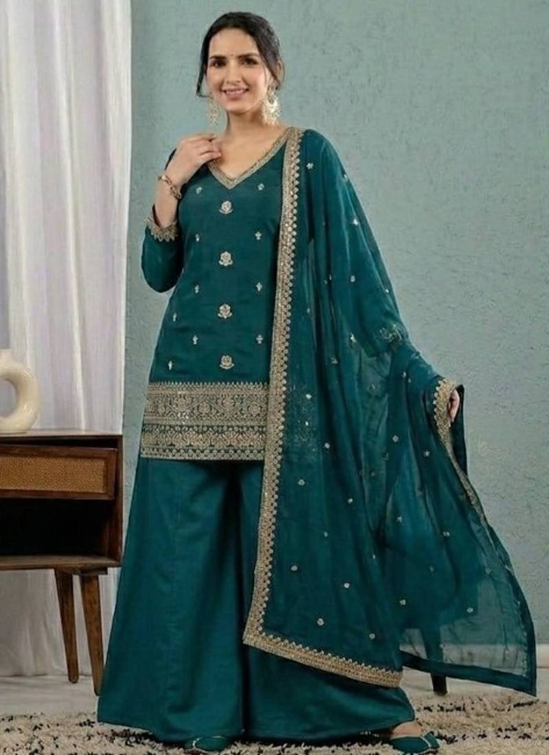 Teal blue embroidery roman silk full stitched sarara plazo