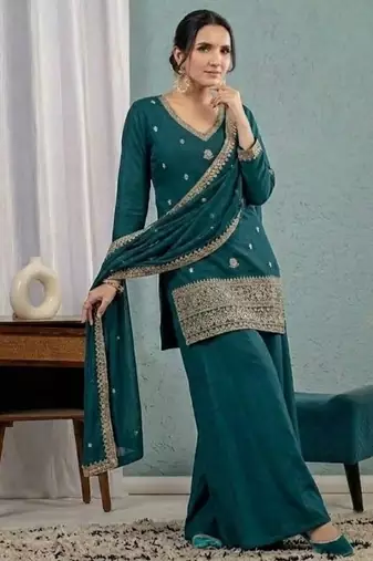 Teal blue embroidery roman silk full stitched sarara plazo