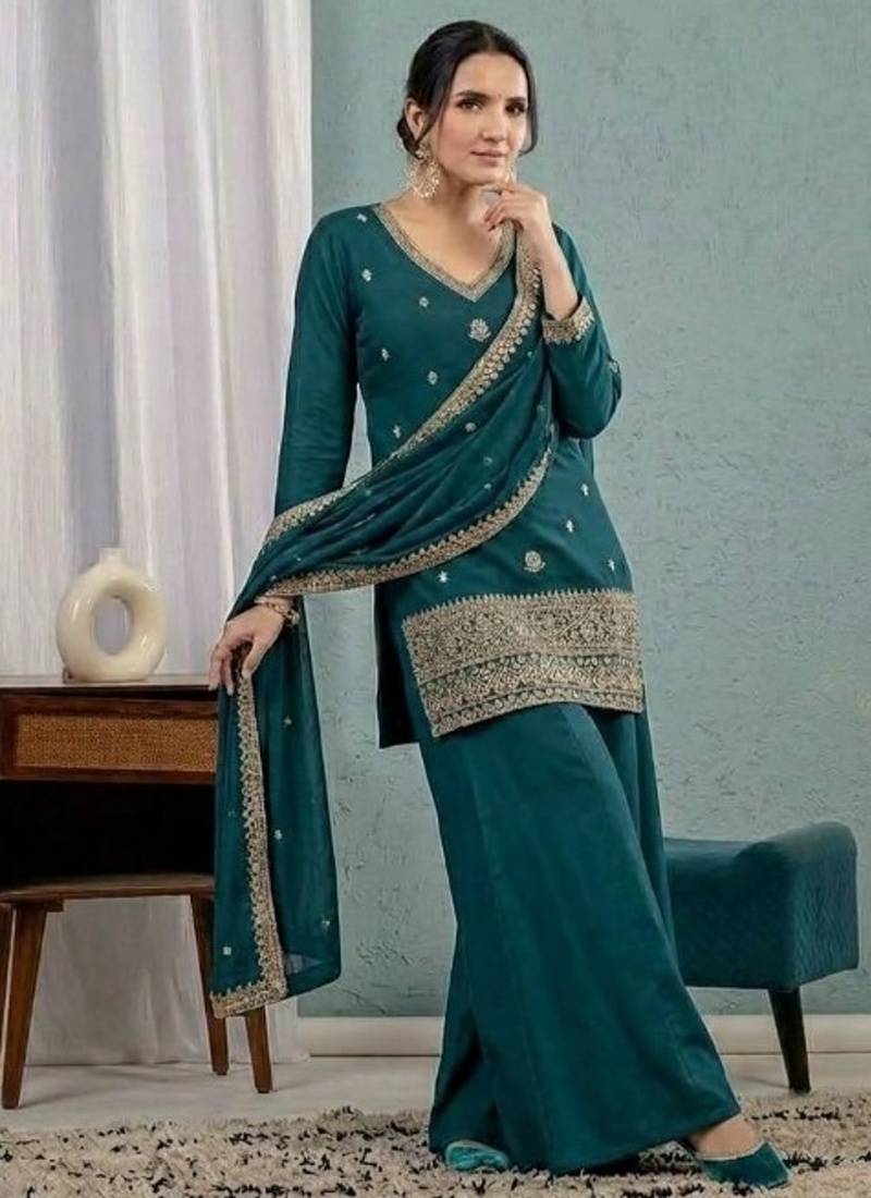 Teal blue embroidery roman silk full stitched sarara plazo