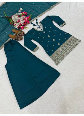 Teal blue embroidery roman silk full stitched sarara plazo 4