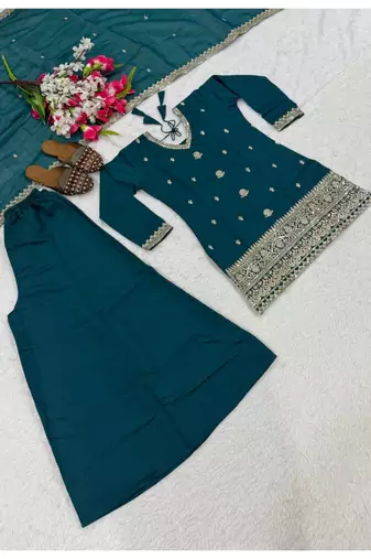 Teal blue embroidery roman silk full stitched sarara plazo