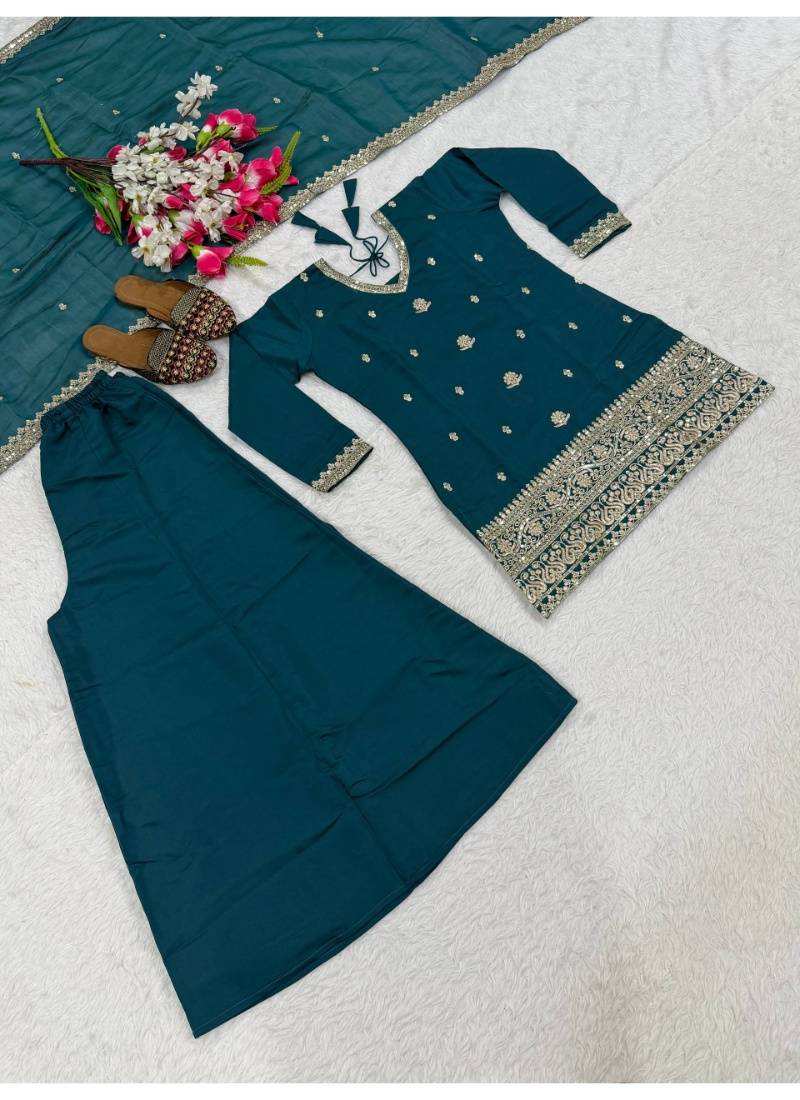 Teal blue embroidery roman silk full stitched sarara plazo