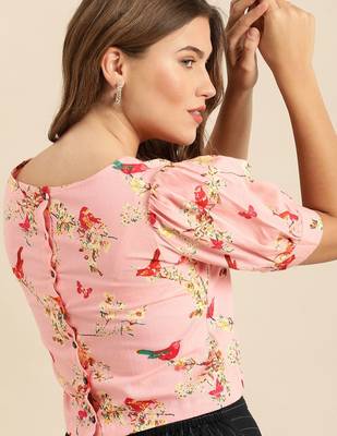 Pink & Yellow Floral Printed Regular Crop Top 1