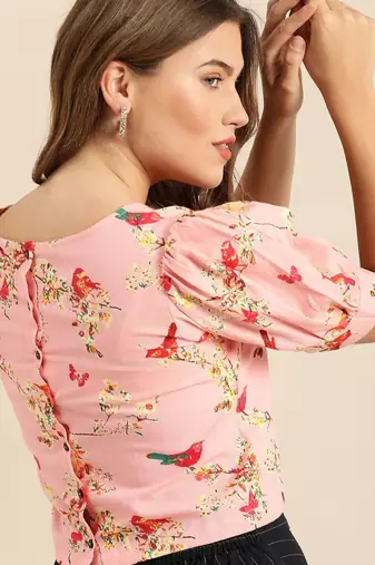 Pink & Yellow Floral Printed Regular Crop Top