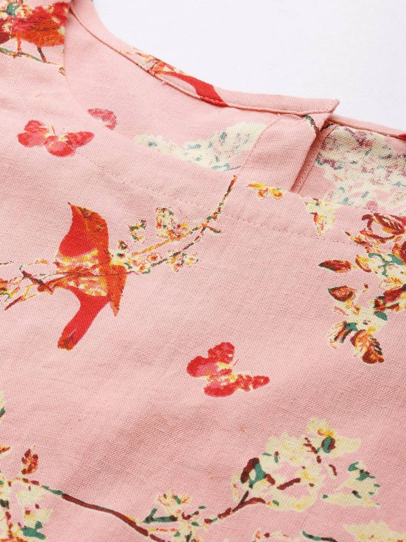 Pink & Yellow Floral Printed Regular Crop Top