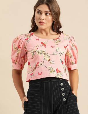 Pink & Yellow Floral Printed Regular Crop Top 3