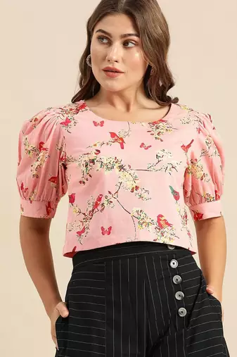 Pink & Yellow Floral Printed Regular Crop Top
