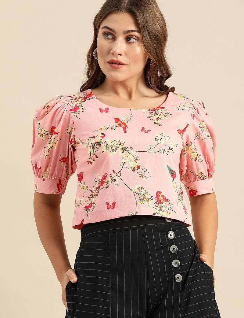 Pink & Yellow Floral Printed Regular Crop Top