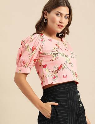 Pink & Yellow Floral Printed Regular Crop Top 4