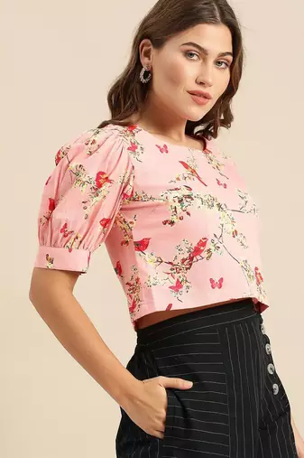 Pink & Yellow Floral Printed Regular Crop Top