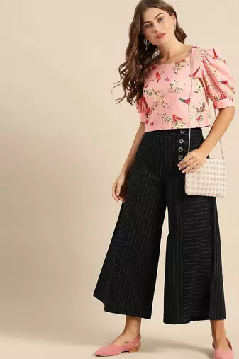 Pink & Yellow Floral Printed Regular Crop Top